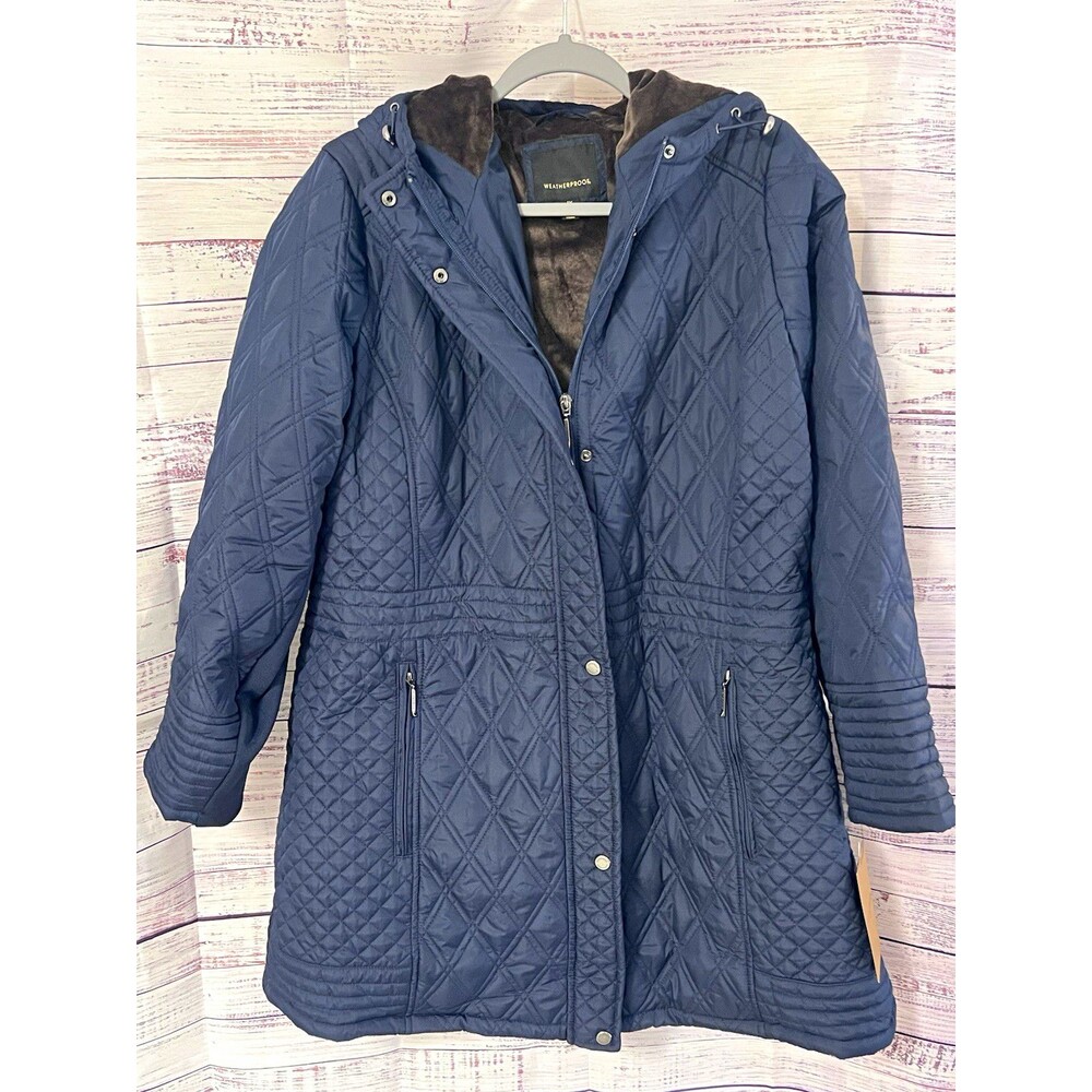 Weatherproof Navy Blue Diamond Quilted Hooded Full Zip Lined Jacket Plus 1X